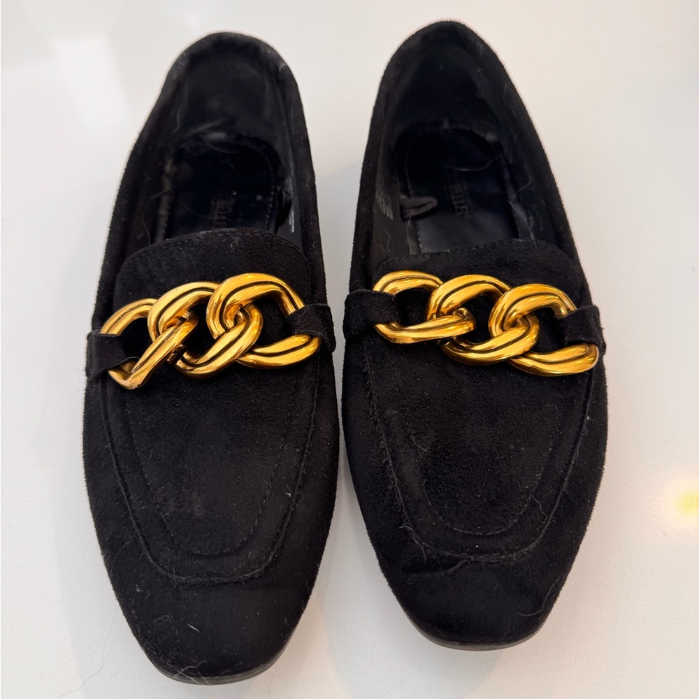 Seychelles Black Loafers with Gold Chain Accent